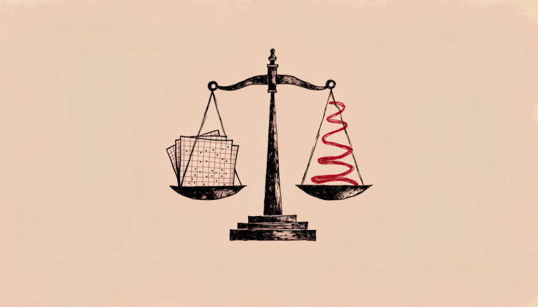 Ilustración editorial de una balanza: en un platillo, hojas de papel cuadriculado con datos; en el otro, un hilo rojo enroscado, en equilibrio.