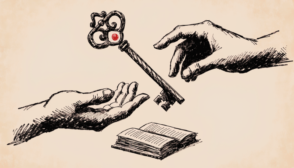 Ilustración editorial: una llave ornamentada pasa de una mano a otra sobre un libro abierto, con un acento rojo en la llave, simbolizando el relevo de liderazgo en Omnicom Advertising.