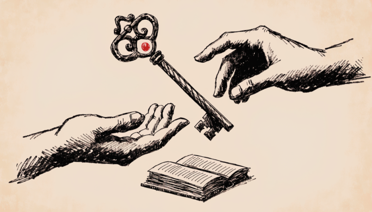Ilustración editorial: una llave ornamentada pasa de una mano a otra sobre un libro abierto, con un acento rojo en la llave, simbolizando el relevo de liderazgo en Omnicom Advertising.