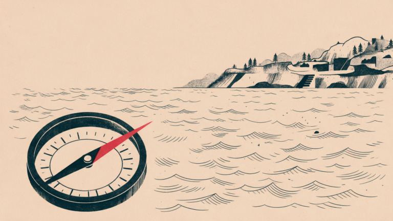 Ilustración editorial: una brújula náutica con la aguja roja señalando hacia una costa al otro lado del mar, sobre fondo salmón.