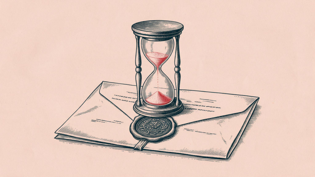 Reloj de arena con arena roja sobre un sobre oficial lacrado, ilustracion editorial sobre el plazo de convalidacion del decreto de grupos de interes