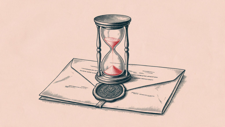 Reloj de arena con arena roja sobre un sobre oficial lacrado, ilustracion editorial sobre el plazo de convalidacion del decreto de grupos de interes