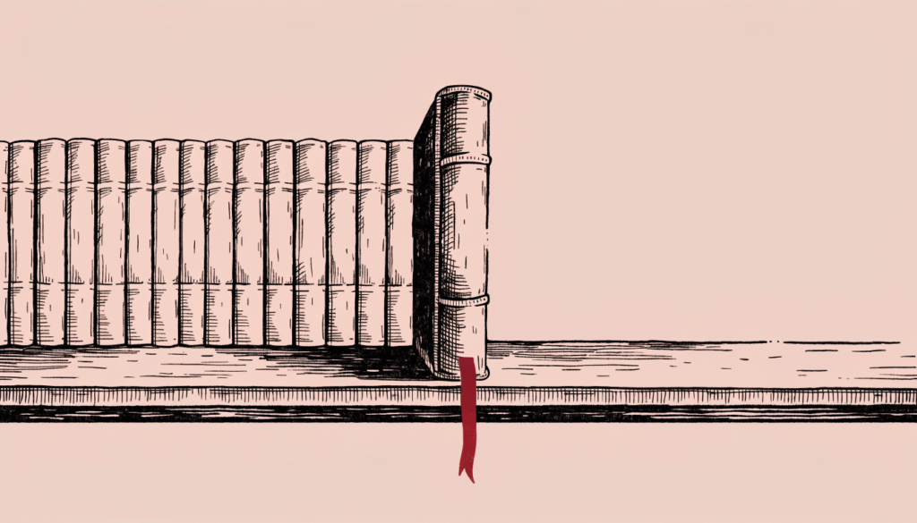 Ilustracion editorial: un libro de contabilidad mas alto que el resto, con una cinta roja, entre una fila de libros identicos