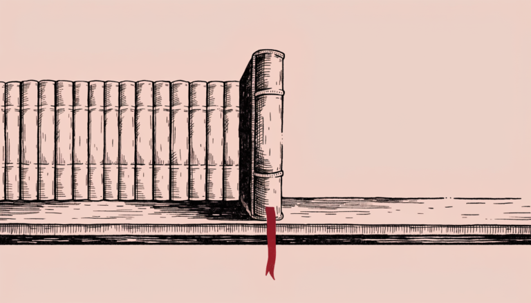 Ilustracion editorial: un libro de contabilidad mas alto que el resto, con una cinta roja, entre una fila de libros identicos