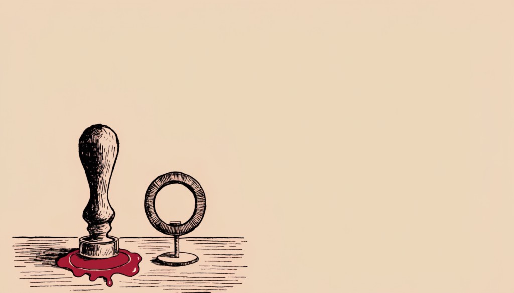 Ilustración editorial: un sello de lacre junto a un pequeño aro de luz de creador de contenido, sobre una mesa vacía.