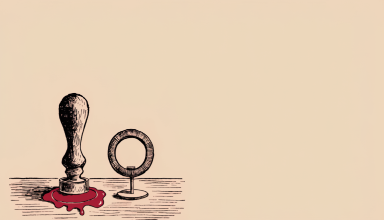 Ilustración editorial: un sello de lacre junto a un pequeño aro de luz de creador de contenido, sobre una mesa vacía.
