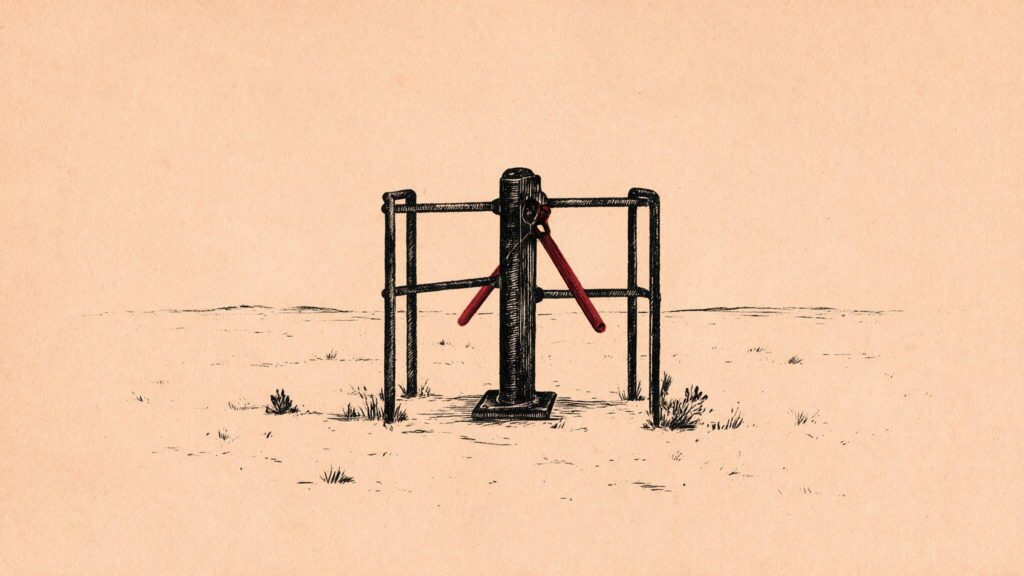 Ilustracion editorial: una puerta de torniquete con el brazo rojo ya abierto, sin nadie que lo accione