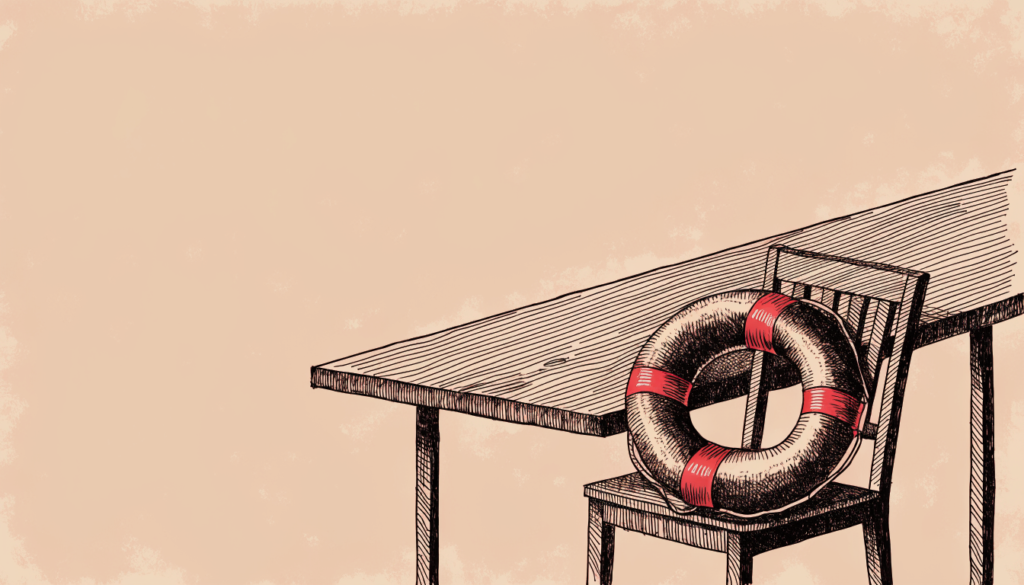 Ilustración editorial: un flotador salvavidas descansa sobre una silla vacía en una mesa de consejo, en referencia al manual de comunicación de crisis del CIPR y el Institute of Directors.