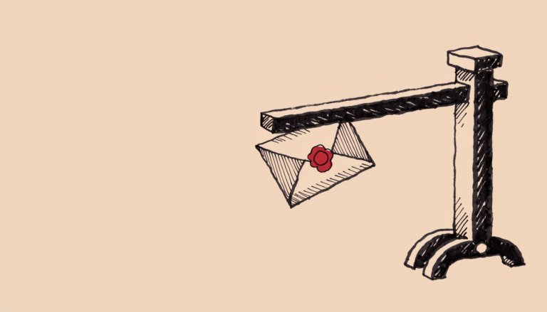 Ilustración editorial: una barrera detiene un sobre sellado con lacre, en referencia al bloqueo de SMS sin alias registrado en la CNMC.