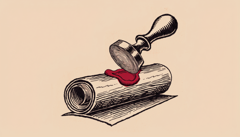 Ilustración editorial: un sello estampa lacre rojo sobre un documento enrollado, símbolo de la revisión previa de la publicidad financiera.