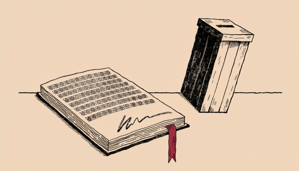 Ilustración editorial: un libro de registro abierto con sellos oficiales y una firma, junto a una urna de votación en el borde de una mesa