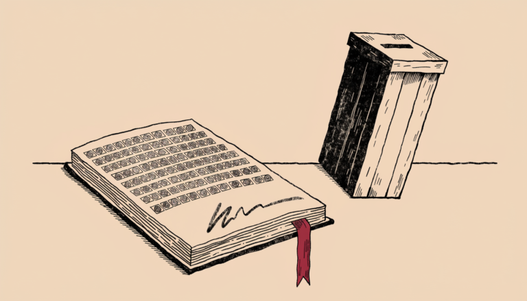 Ilustración editorial: un libro de registro abierto con sellos oficiales y una firma, junto a una urna de votación en el borde de una mesa