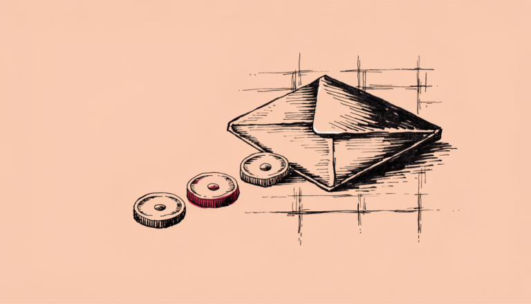 Ilustracion editorial: un sobre de nomina con tres monedas junto a el sobre una pagina de libro contable, la moneda del medio en rojo, simbolo del pago extraordinario en tres plazos