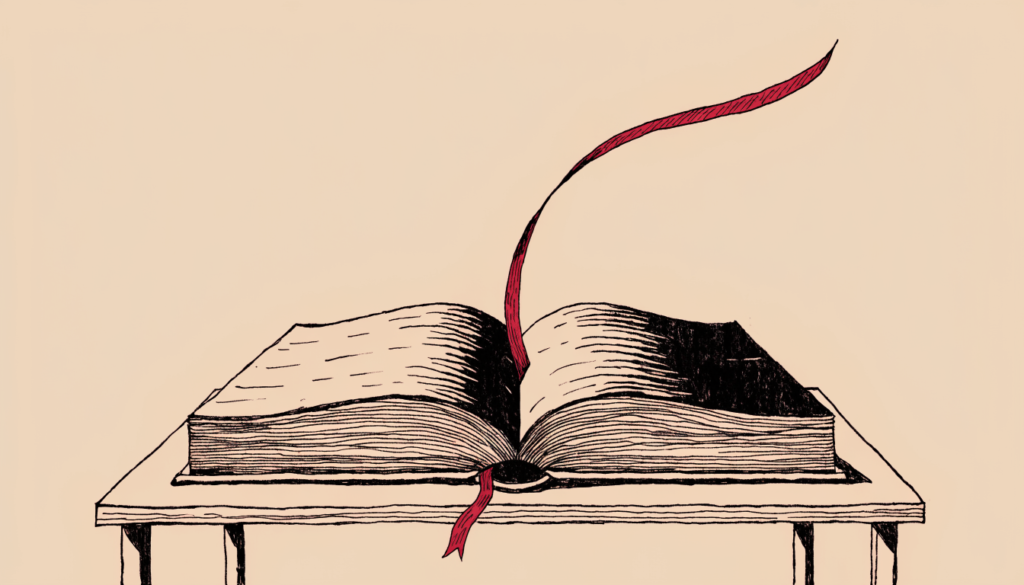Un libro registro abierto sobre una mesa, con una cinta roja de marcapáginas siendo retirada de entre sus páginas.