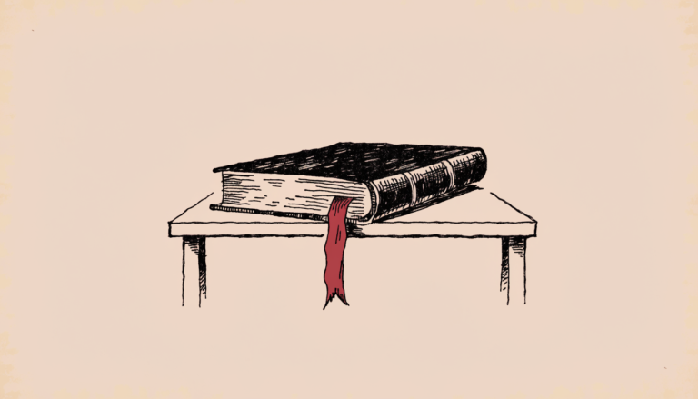 Un libro de registro cerrado sobre una mesa, con un lazo rojo atrapado entre sus páginas colgando por el borde, a punto de caer — ilustración editorial de Briefin y Castigo