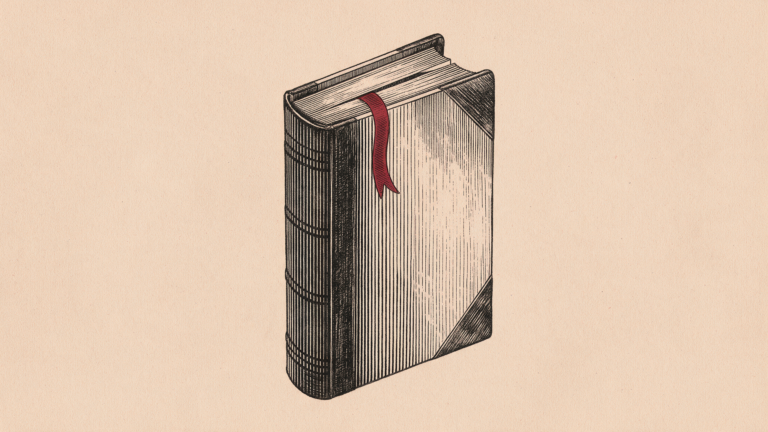 Ilustración editorial: un libro de contabilidad cerrado con un marcapáginas de cinta roja, sobre fondo salmón.