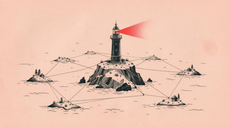 Ilustracion editorial de un faro conectado por hilos a varias islas pequenas e independientes, sobre fondo salmon