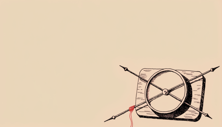 Ilustración editorial: un instrumento de medición antiguo con la esfera en blanco y cuatro agujas señalando direcciones distintas, con un hilo rojo enrollado en la base de una de ellas