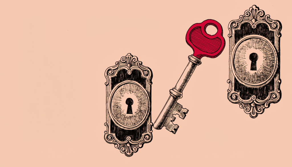 Ilustración editorial: una llave antigua con el cabezal en rojo sale de una cerradura ornamentada y se dirige hacia otra similar, metáfora de un directivo que cambia de una consultora a otra