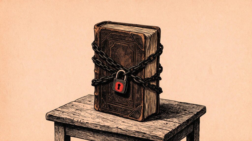 Ilustracion editorial: un libro de contabilidad antiguo cerrado con cadenas y un candado con el ojo de la cerradura en rojo