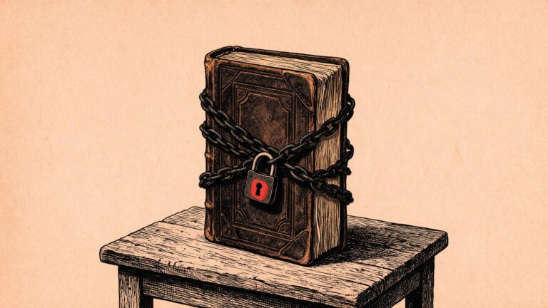 Ilustracion editorial: un libro de contabilidad antiguo cerrado con cadenas y un candado con el ojo de la cerradura en rojo