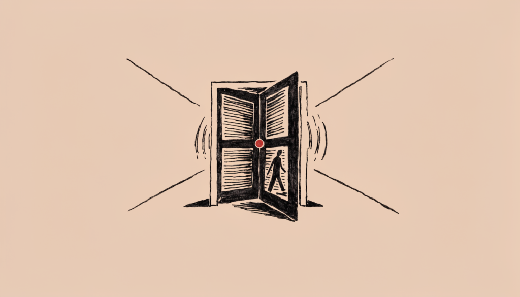 Ilustración editorial: una puerta giratoria con una silueta cruzándola, representando el trasvase de directivos entre la banca y las consultoras de asuntos públicos
