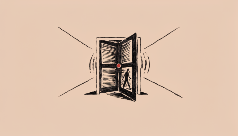 Ilustración editorial: una puerta giratoria con una silueta cruzándola, representando el trasvase de directivos entre la banca y las consultoras de asuntos públicos