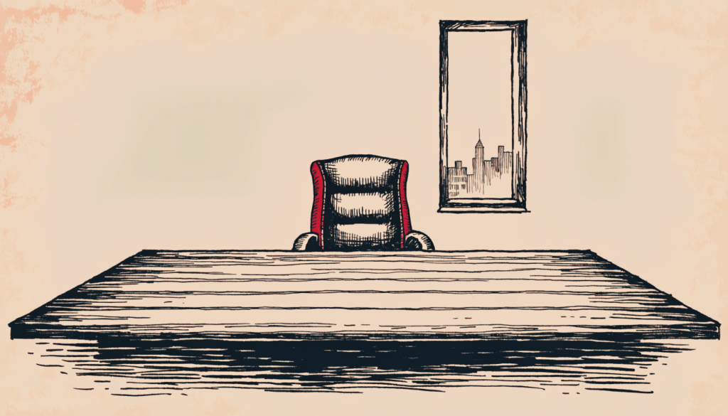 Ilustración editorial: una silla de despacho vacía a la cabecera de una gran mesa de reuniones, frente a una ventana con el perfil de una ciudad, con un detalle rojo en la tapicería.