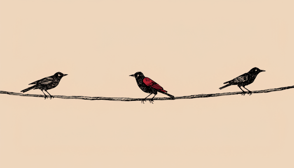 Ilustración a tinta de un cable con solo tres pájaros muy separados, uno de ellos con plumas rojas: la metáfora de publicar menos en redes sociales.