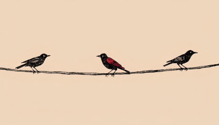 Ilustración a tinta de un cable con solo tres pájaros muy separados, uno de ellos con plumas rojas: la metáfora de publicar menos en redes sociales.
