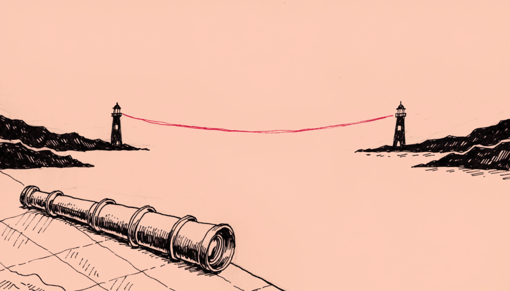 Ilustracion editorial: un catalejo antiguo enfocando dos faros en costas opuestas conectados por un hilo rojo, simbolo de la coordinacion de comunicacion entre Espana y Francia