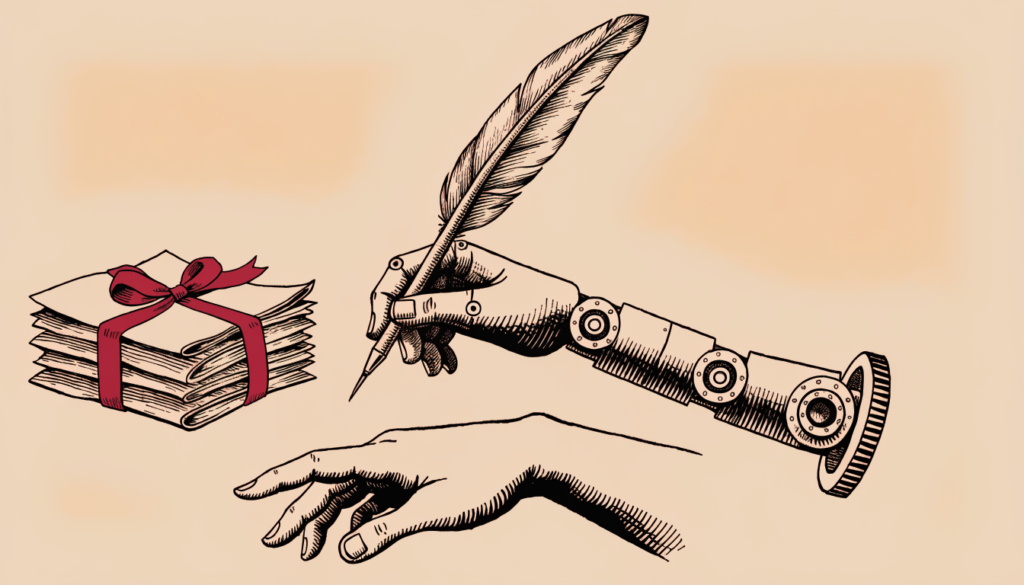 Una mano mecánica con una pluma de escribir es apartada por una mano humana, junto a una pila de cartas atadas con una cinta roja