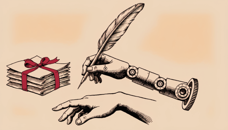 Una mano mecánica con una pluma de escribir es apartada por una mano humana, junto a una pila de cartas atadas con una cinta roja