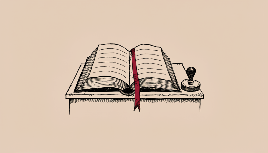 Ilustración: un libro de registro abierto sobre un atril, con un sello al lado y un marcapáginas rojo