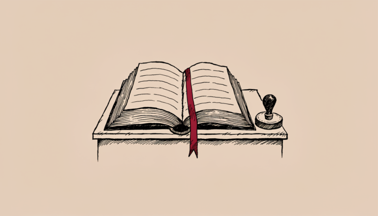 Ilustración: un libro de registro abierto sobre un atril, con un sello al lado y un marcapáginas rojo