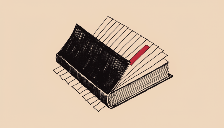 Ilustracion editorial: un libro de registro cerrandose sobre varias hojas sueltas, una en rojo