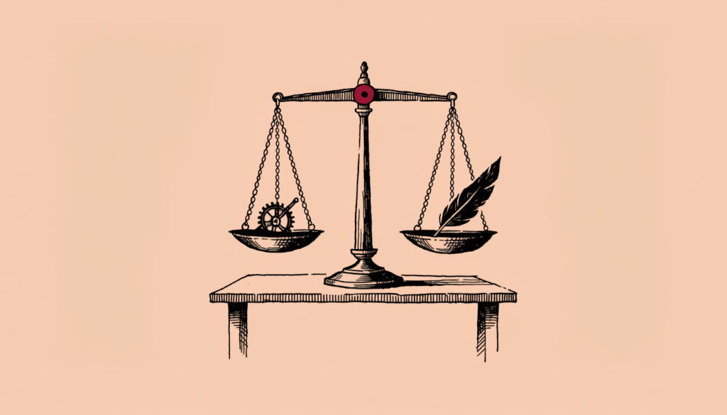 Ilustración editorial: una balanza con un engranaje en un platillo y una pluma en el otro, representando el contraste entre la velocidad de las máquinas y el ritmo humano de la confianza