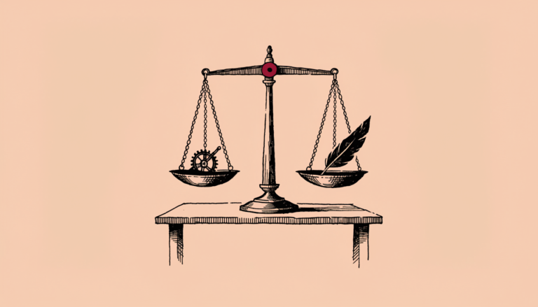Ilustración editorial: una balanza con un engranaje en un platillo y una pluma en el otro, representando el contraste entre la velocidad de las máquinas y el ritmo humano de la confianza