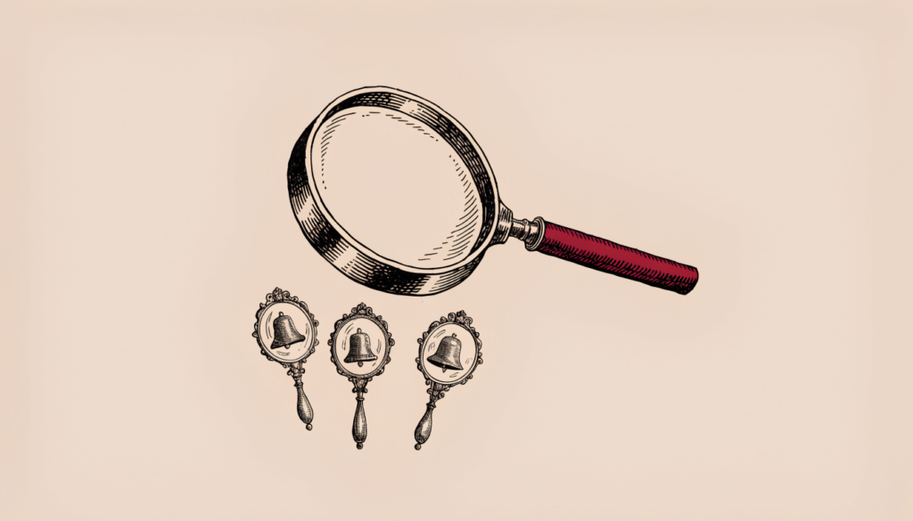Ilustración editorial: una lupa examina tres espejos de mano que reflejan la misma campanilla de forma ligeramente distinta, metáfora de auditar cómo distintos modelos de IA perciben una marca