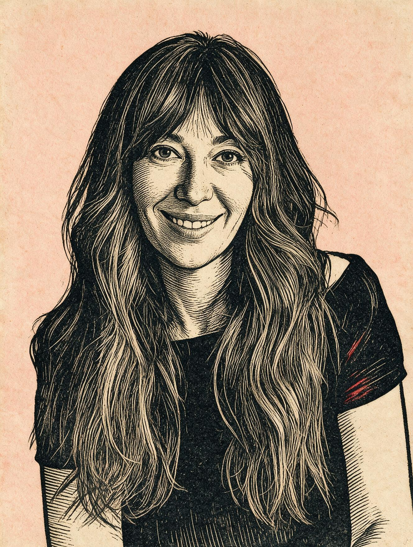Retrato ilustrado de Marian Gómez-Campoy, a tinta sobre papel salmón, en el estilo editorial de Briefin y Castigo