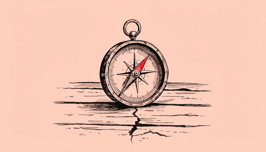 Ilustración editorial: una brújula antigua sobre una mesa de madera agrietada, con la aguja roja detenida entre dos direcciones, metáfora de la crisis de confianza.