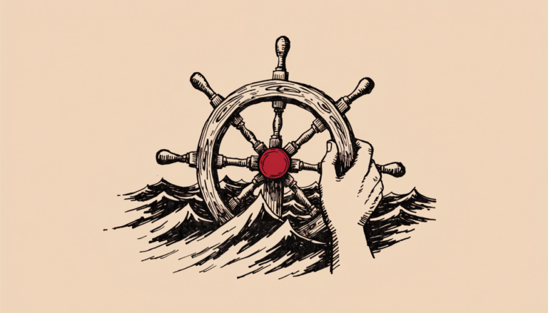 Una mano sujeta el timón de un barco entre olas, con el eje central en rojo