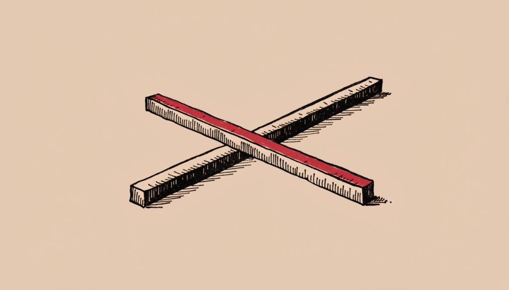 Ilustración editorial a tinta de dos reglas de medir cruzadas en forma de X, una con un acento rojo, metáfora de dos sistemas de medición distintos entre dirección y comunicación interna