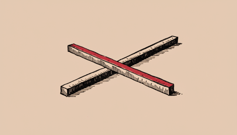 Ilustración editorial a tinta de dos reglas de medir cruzadas en forma de X, una con un acento rojo, metáfora de dos sistemas de medición distintos entre dirección y comunicación interna