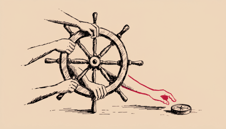 Varias manos sostienen a la vez el timón de un barco mientras una, marcada en rojo, se estira hacia una brújula que ha quedado en el suelo, fuera de su alcance