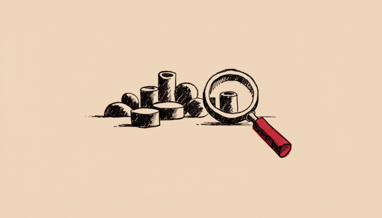 Ilustración editorial: una lupa con mango rojo examina un pequeño grupo de formas geométricas abstractas sobre una mesa, metáfora del escrutinio de los datos de IA.