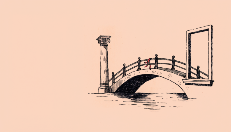 Ilustración editorial: un puente de piedra une una columna clásica con el marco de una puerta de oficina, metáfora del tránsito entre las instituciones públicas y la consultoría privada.